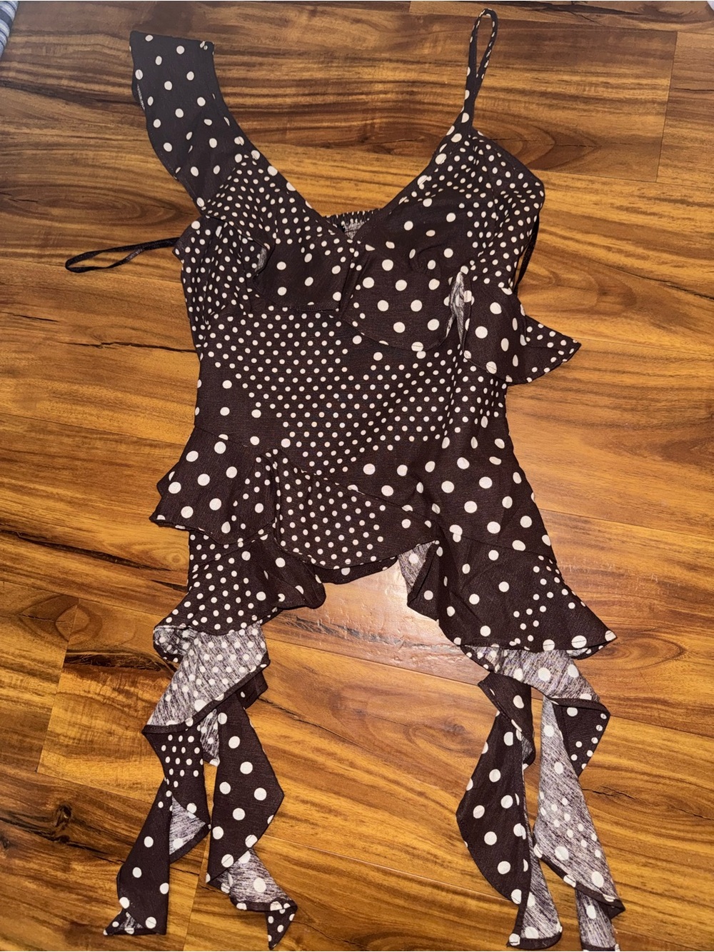 Style Envy Brown and White Polka Dot Ruffle Top Linen blend